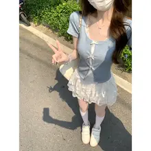 夏用 韓国風 バイカラー レース リボンデザイン ボックスネック 半袖Tシャツ（セットアップ対応）