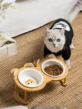 陶器製 猫用ダブルボウルスタンド【傾斜口・頚椎保護・竹製ベース】（セットアップ対応）