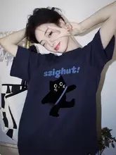 大人可愛いデザイン！カートゥーンキャットプリントのコットンTシャツ【ラウンドネック・半袖・濃紺・大きいサイズ】