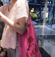 Youngforever フラワープリント トートバッグ【ピンク・薄型・買い物用】
