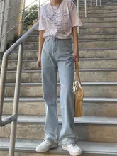 SELFSOLO ハイウエストストレートデニムパンツ【薄いブルー・柔らかい・ドラッグ付き】