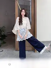 した雰囲気のレース付き軽やかTシャツ【夏用・カジュアル・ドット柄・ワイドパンツ】（セットアップ対応）