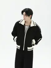 デザイン感あるジッパーカラーコンビネーション立襟ジャケット【男性用・ルーズストレートパンツ・カジュアルスタイル】（セットアップ対応）