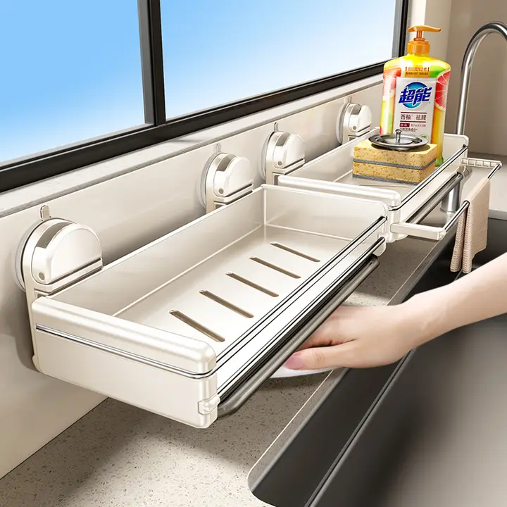 吸盤式キッチン収納ラック【タオルホルダー・水切り機能付き】