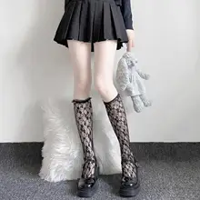 夏用薄手ブラックレースロリータ風ソックス【花柄・中筒・レディース】