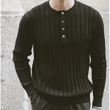 秋冬用 メンズストライプニットセーター【リブ編み・ボタン付き・シンプルデザイン】