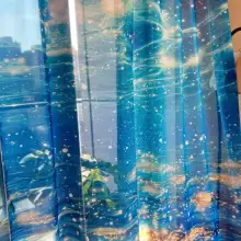 青色の海底模様シフォンカーテン【透光性・DIY用・ドアや窓に最適】（セットアップ対応）