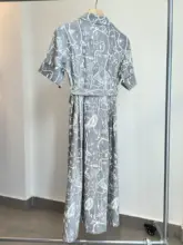 抽象幾何模様のリネンVネックシャツワンピース【長袖・サマースタイル】