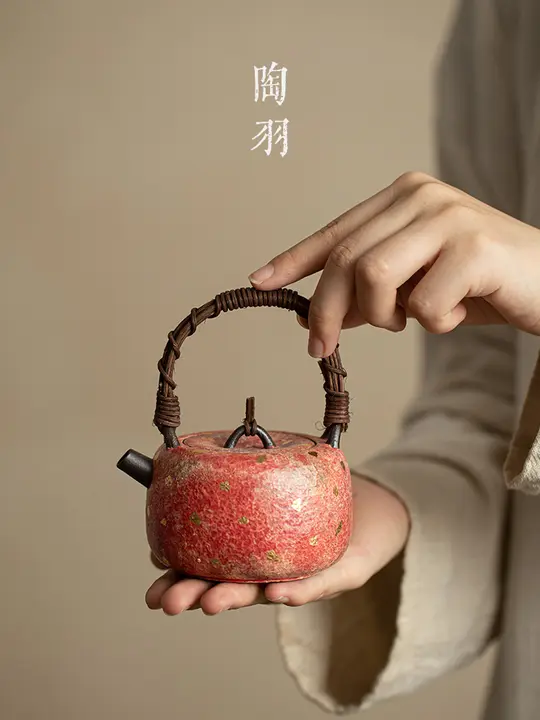 彩陶製 大容量ティーポット【仿古デザイン・紅色・工芸茶具】