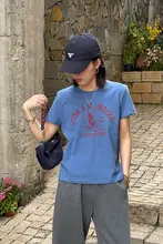 サーフィンペンギンプリントのコットン短袖Tシャツ【ブルー・レディース・夏用・スリムフィット】