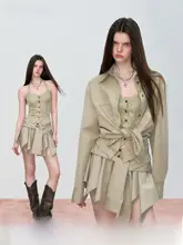 デザインレース切替タンクトップとスカート・シャツの春季ファッション（セットアップ対応）