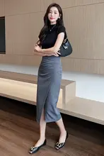 ミディスカート 女性 夏季 ハイウエスト スリット タイトスカート 通勤 中丈 ビジネス スタイル フランス風 プリーツ