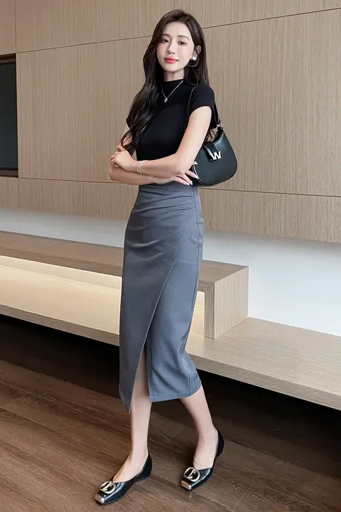 ミディスカート 女性 夏季 ハイウエスト スリット タイトスカート 通勤 中丈 ビジネス スタイル フランス風 プリーツ