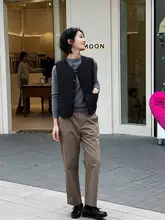 カキ色のコットン製ストレートワイドパンツ【秋冬用・小柄女性向け・した九分丈デザイン】