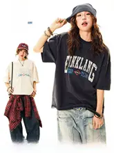美式ウォッシュ加工文字プリント半袖Tシャツ【レトロ・夏用・ゆったりシルエット】