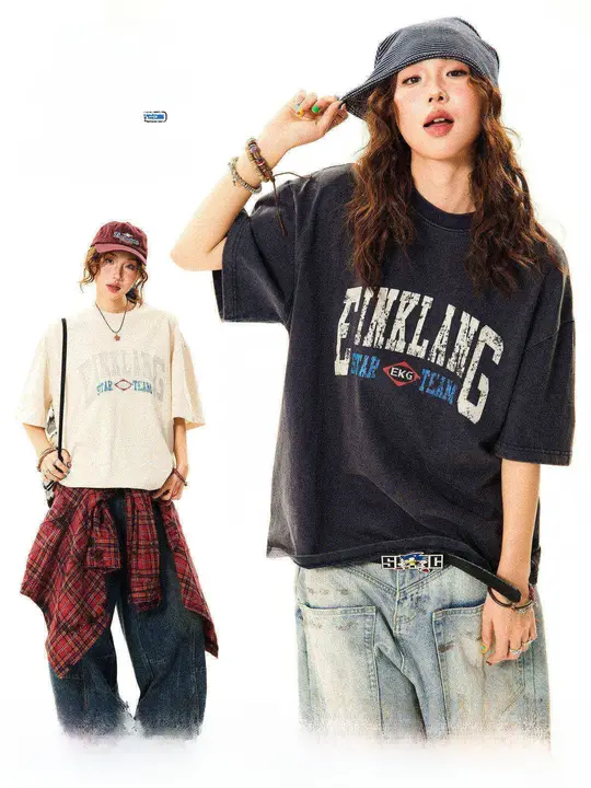 美式ウォッシュ加工文字プリント半袖Tシャツ【レトロ・夏用・ゆったりシルエット】