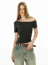 OFFSOUL 不規則デザイン 斜め肩短袖Tシャツ【フィット感あり・ウエスト絞り・女性用】