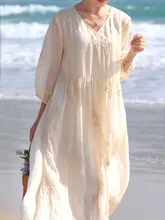 刺繍入りリネン混紡ワンピース【フレンチスタイル・Vネック・夏用・大きなフレア】