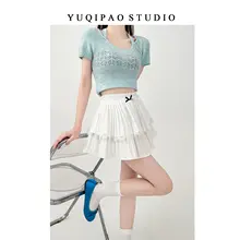 フレンチスタイルのレース付きハイウエストホワイトプリーツスカート【夏用・ふんわりデザイン】（セットアップ対応）
