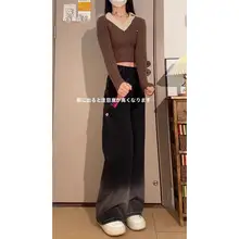 サイドジッパーデザインのワイドレッグデニムパンツ【グラデーションブラックグレー・ハイウエスト・ストレートスタイル】