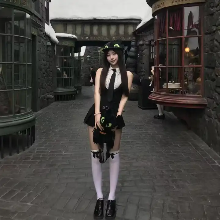 黒のサスペンダー付きスカートパンツ【ウエスト絞り・タンクトップデザイン・アメリカンスタイル】（セットアップ対応）