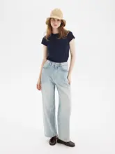 QINGLING 洗い加工ハイウエストストレートデニムパンツ【薄い白青・快適・アメリカンスタイル】