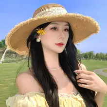 レースリボン付き草帽【夏用・広いつば・UVカット・通気性】