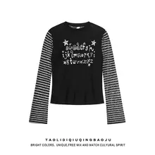 アメリカンレトロ風 ストライプ柄長袖Tシャツ【春用・Y2Kス  タイル・スリムフィット・カジュアル】（セットアップ対応）