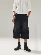 水洗い加工のデニムショートパンツ【メンズ・夏用・ルーズフィット・ワークスタイル】（セットアップ対応）