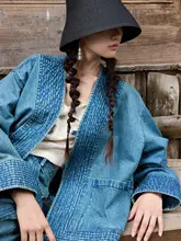 民族風キルティングデザイン！デニムジャケットとハイウエストロールアップパンツ（セットアップ対応）