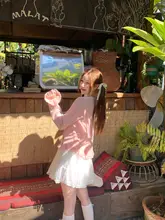 柔らかいピンクのカーディガン【韓国風・ニット・透かし編み】（セットアップ対応）