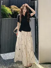 夏用の新中式デザイン 水墨印花半身スカートと上衣の2点セット（セットアップ対応）