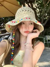 カラフルな編み込み帽子【夏用・ビーチリゾート・大きなつば・日焼け対策】