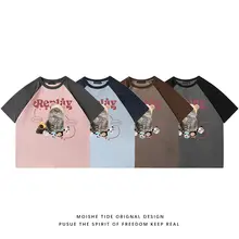 かわいい猫柄のカラーブロックラグラン袖半袖Tシャツ【ユニセックス・ルーズフィット】