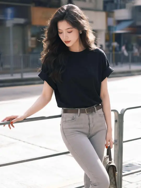 黒色リネン丸首フリル袖Tシャツ【女性用・夏用・軽やかなデザイン】