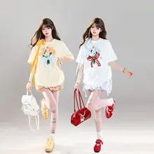 アメリカンレトロフラワー刺繍のリボン付き短袖Tシャツ【ルーズフィット・ショルダーオープン・夏用】