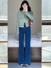フランス風 ディープブルー 微喇叭デニムパンツ【レディース・ワイドレッグ・XXSサイズ・ヴィンテージ】