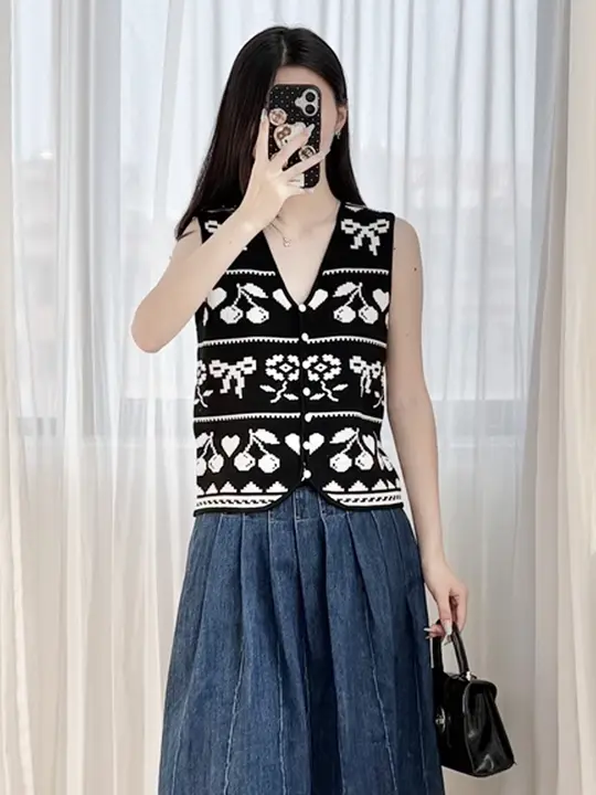 ブラックホワイトのコントラスト編みVネックベスト【ショート丈・ノースリーブ・ニットトップス】（セットアップ対応）