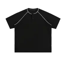 アメリカンレトロ風 ヘンリーネック半袖Tシャツ【ユニセックス・カジュアル・ゆったり】（セットアップ対応）
