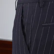 深藍色ストライプのスリムフィットパンツ【英国風・ロールアップデザイン】（セットアップ対応）