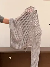 ブルーのラウンドネック長袖透かし編みニットトップス【ゆったりとしたデザイン・春向け・女性用】