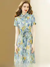 印花デザインの通勤用シャツワンピース【ウエスト絞り・Aライン・女性用】（セットアップ対応）