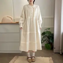 ドールカラーの長袖コットンワンピース【プリーツ・アンティークスタイル・ロング丈】