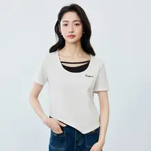Tシャツ レディース 半袖 バイカラー フェイクレイヤード 着痩せ 甘辛MIX 夏