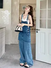 ブルーのデニムサロペットパンツ【カジュアルデザイン・女性用・長ズボン】（セットアップ対応）