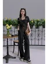 デザインのウエスト調整可能なオールインワンロングパンツ【春夏用・カジュアルスタイル】