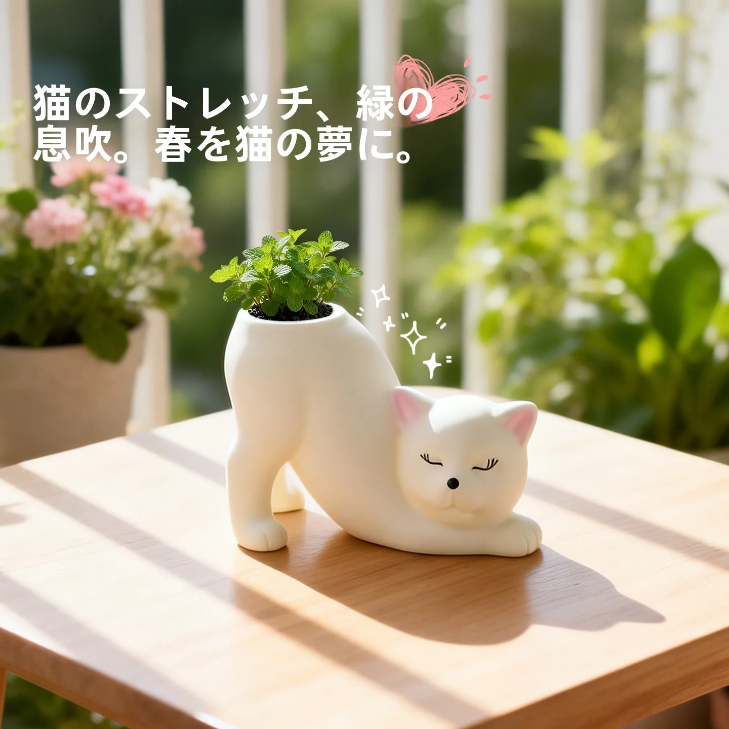伸びをする猫型プランター：田园風デスクトップ装飾の実用性と空間設計への影響