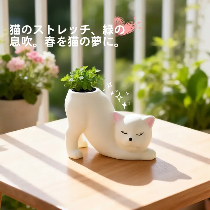 伸びをする猫型プランター【クリエイティブデザイン・デスクトップ装飾用】