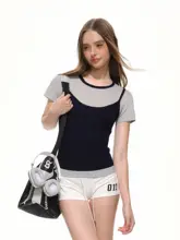 夏用 レディスカラーアクセント クルーネック半袖Tシャツ【フィット感あるデザイン・ニット素材】