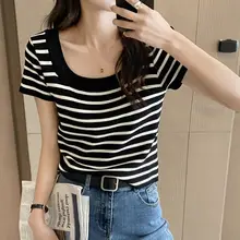 フレンチスタイル ボックスカラー ボーダー Iceシルクニット 半袖Tシャツ【女性用・夏用・フィット・ショート丈】